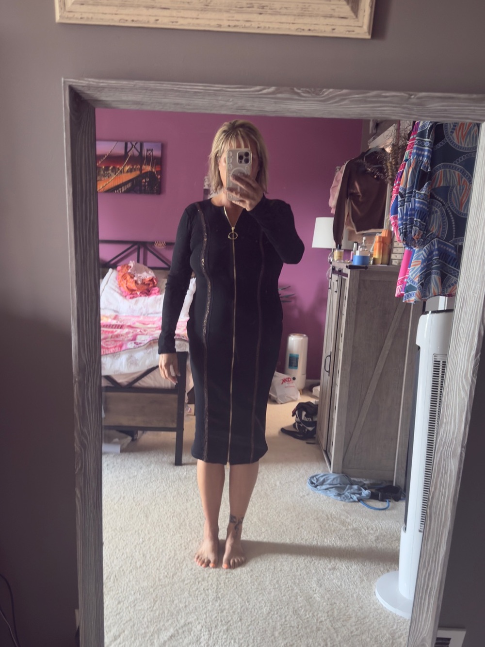 Black Zip-Front Bodycon Dress w/ bronze detailing / shimmer